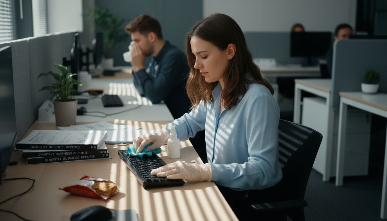 Employee cleaning her desk at office workstation
