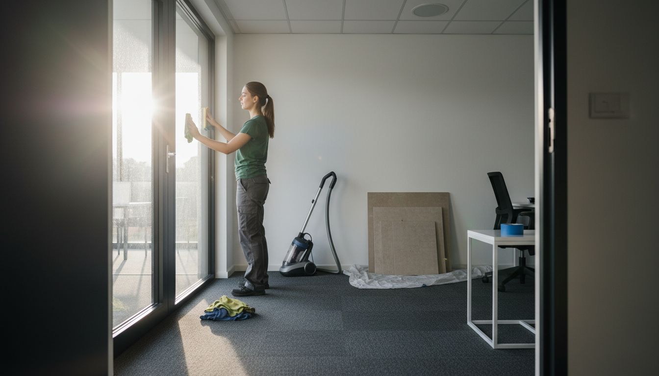Worker cleaning glass in bright renovated office