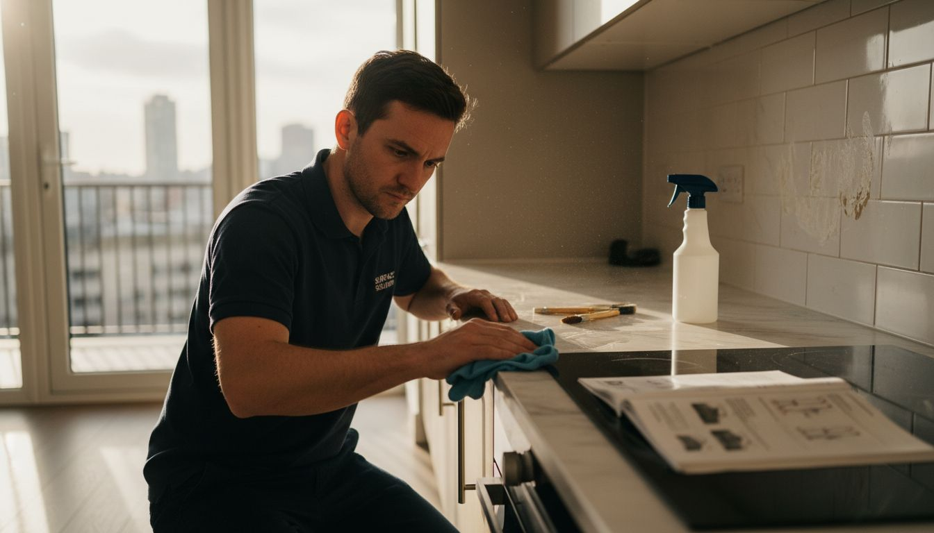 Technician cleaning marble worktop after renovation