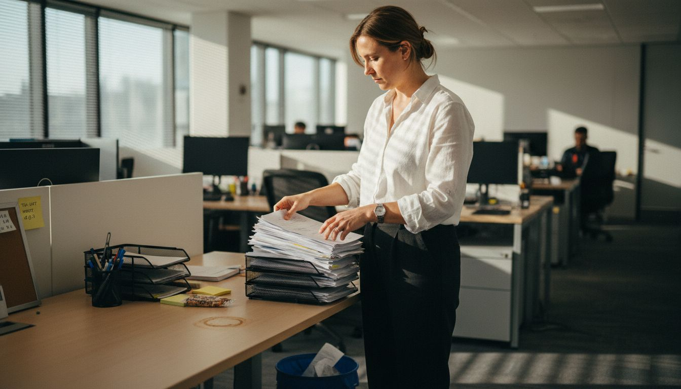 Woman decluttering desk in open-plan office