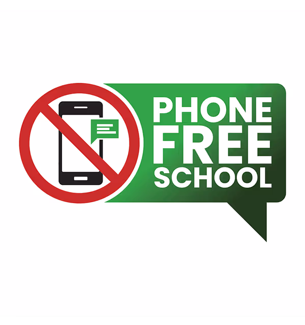 Icon of a smartphone with a red prohibition symbol and text saying 'Phone Free School' inside a green speech bubble.