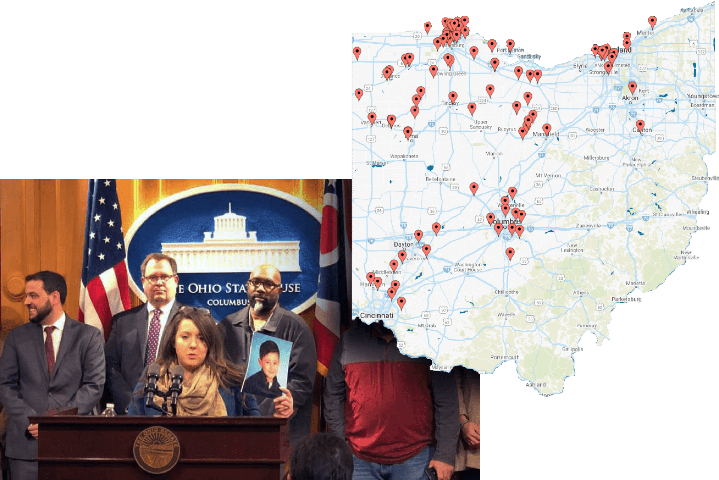 Woman speaking at a podium with Ohio Statehouse emblem and flag in background, holding a photo of a young boy, with several people standing behind her and a map of Ohio with red location markers to the right.