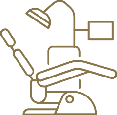 Line icon of a dental chair with overhead light and monitor.
