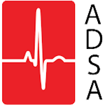 Logo with a red square containing a white heartbeat line and the vertical letters ADSA on the right side.