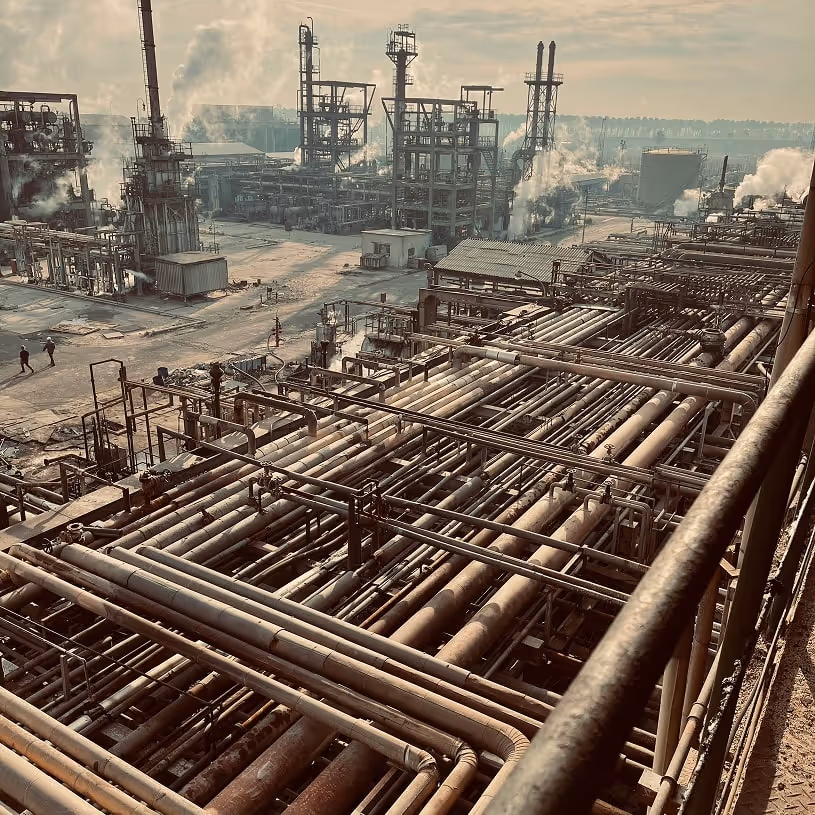 Industrial refinery complex with extensive network of pipes and towers emitting smoke under a cloudy sky.