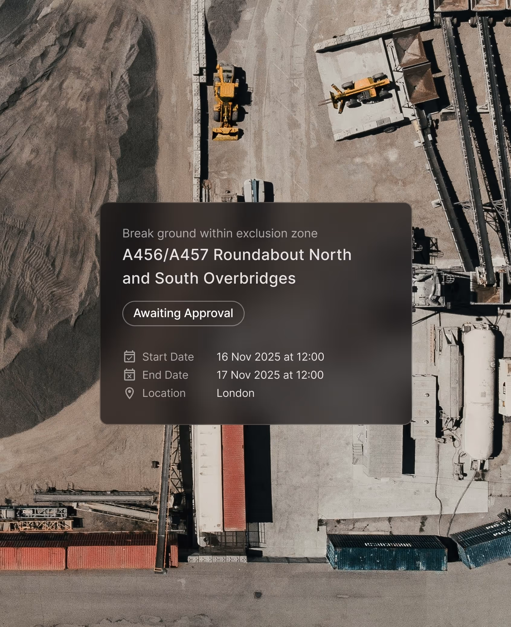 Aerial view of a construction site with heavy machinery and a digital overlay showing project details for A456/A457 Roundabout North and South Overbridges in London, with start and end dates in November 2025.