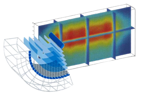 Grafisk fremstilling af vores lineært fokuserede shockwave-teknologi, ledsaget af et varmekort, der viser energifordelingen. Farveskalaen fra blå til rød illustrerer, hvordan energien fordeles over behandlingsområdet, hvilket fremhæver præcisionen og effektiviteten af den fokuserede shockwave-behandling.