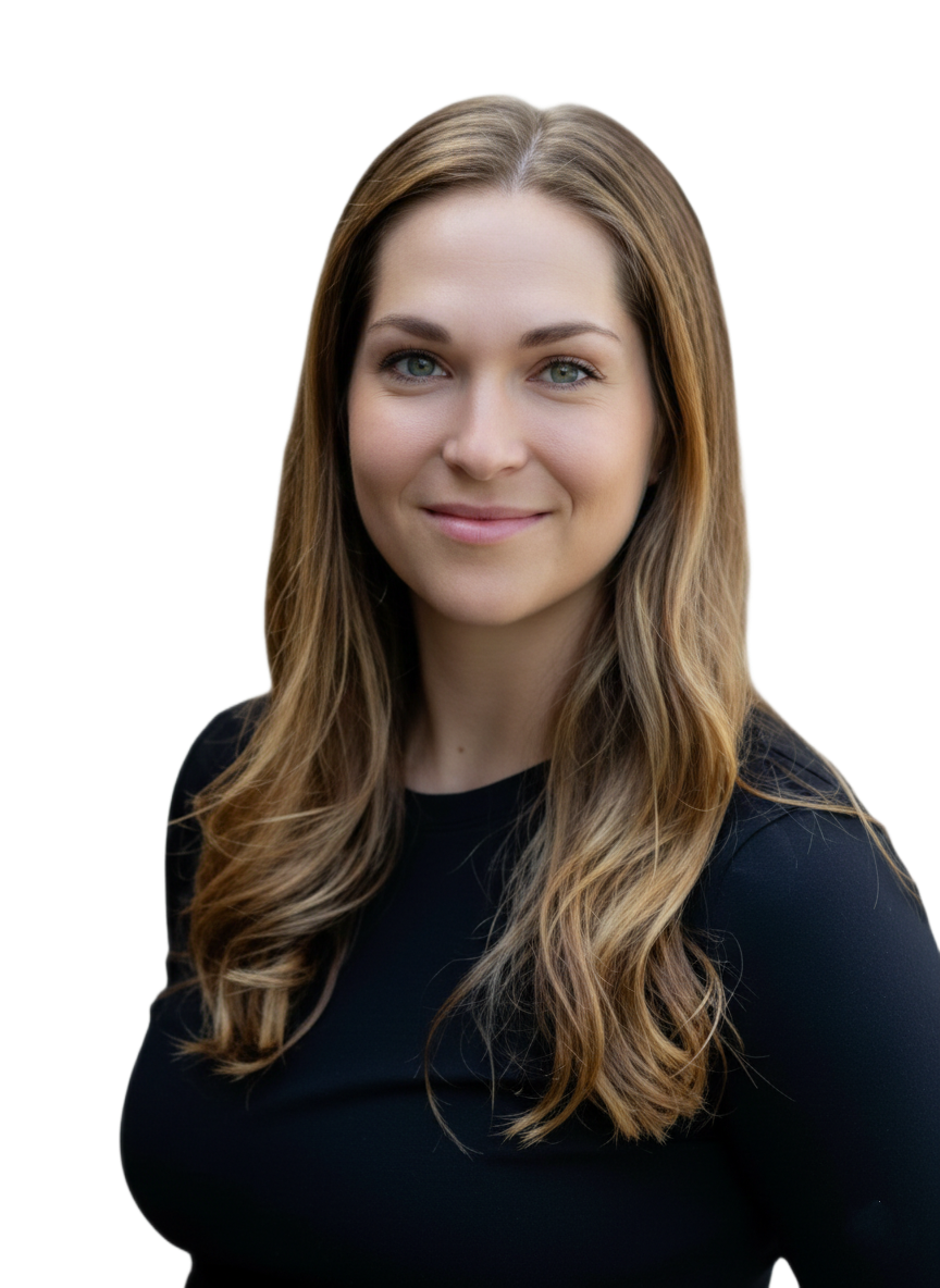 Smiling woman with long light brown hair wearing a black top against a transparent background.