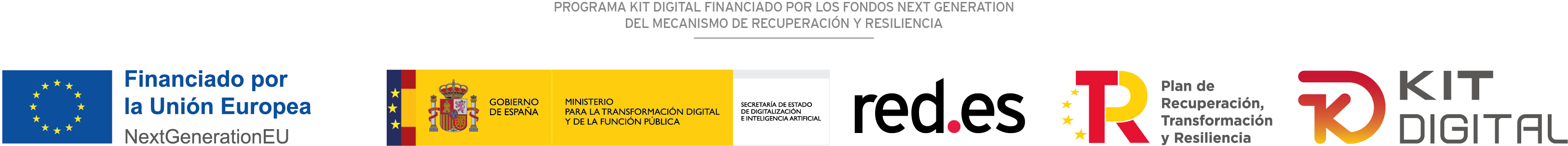 Programa Kit Digital financiado por los fondos Next Generation del Mecanismo de Recuperación y Resiliencia. Logotipos: Financiado por la Unión Europea NextGenerationEU, Gobierno de España, Red.es, Plan de Recuperación, Transformación y Resiliencia y Kit Digital