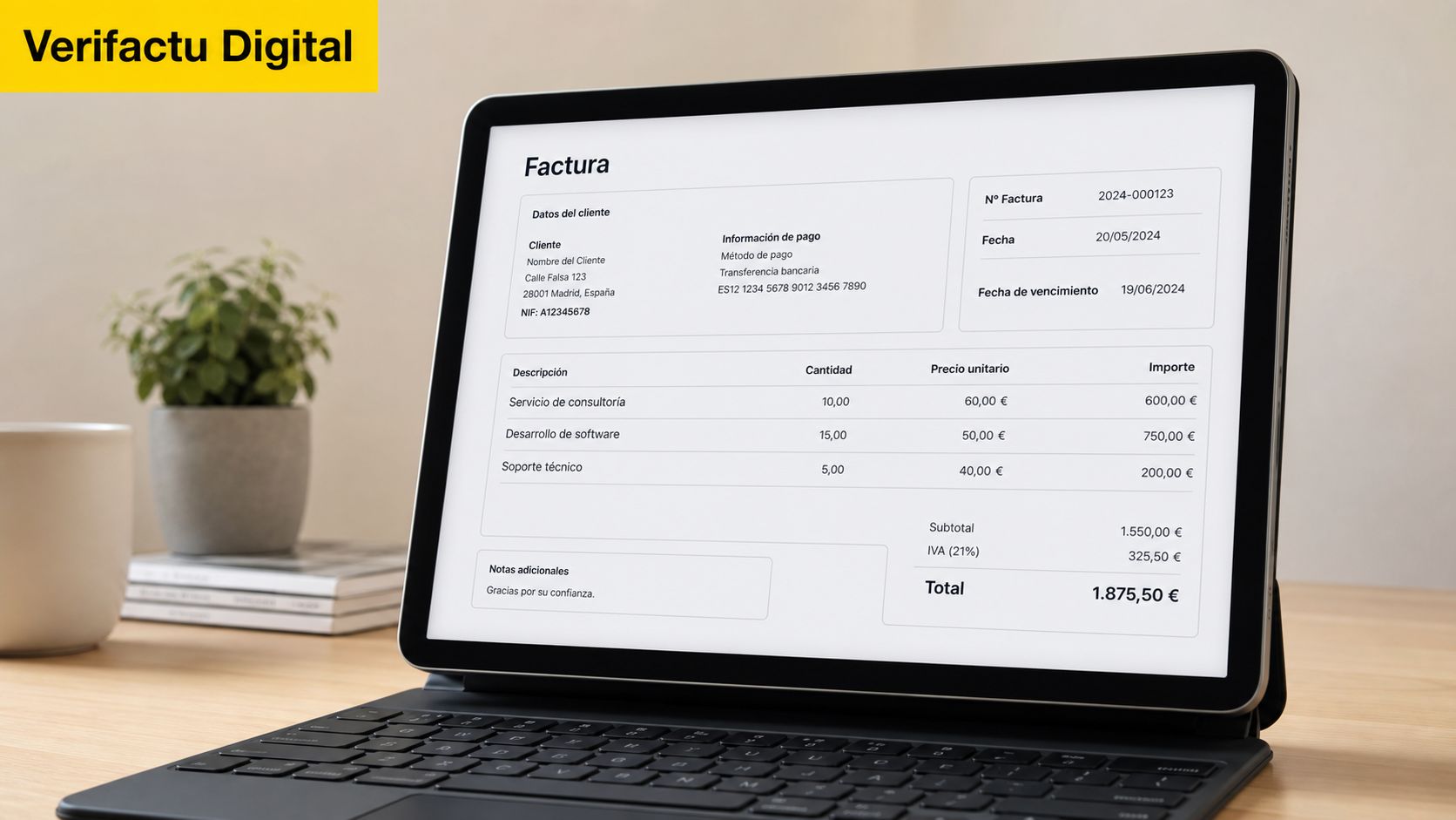 Una tableta electrónica mostrando una factura digital detallada con información de cliente y desglose de servicios prestados.
