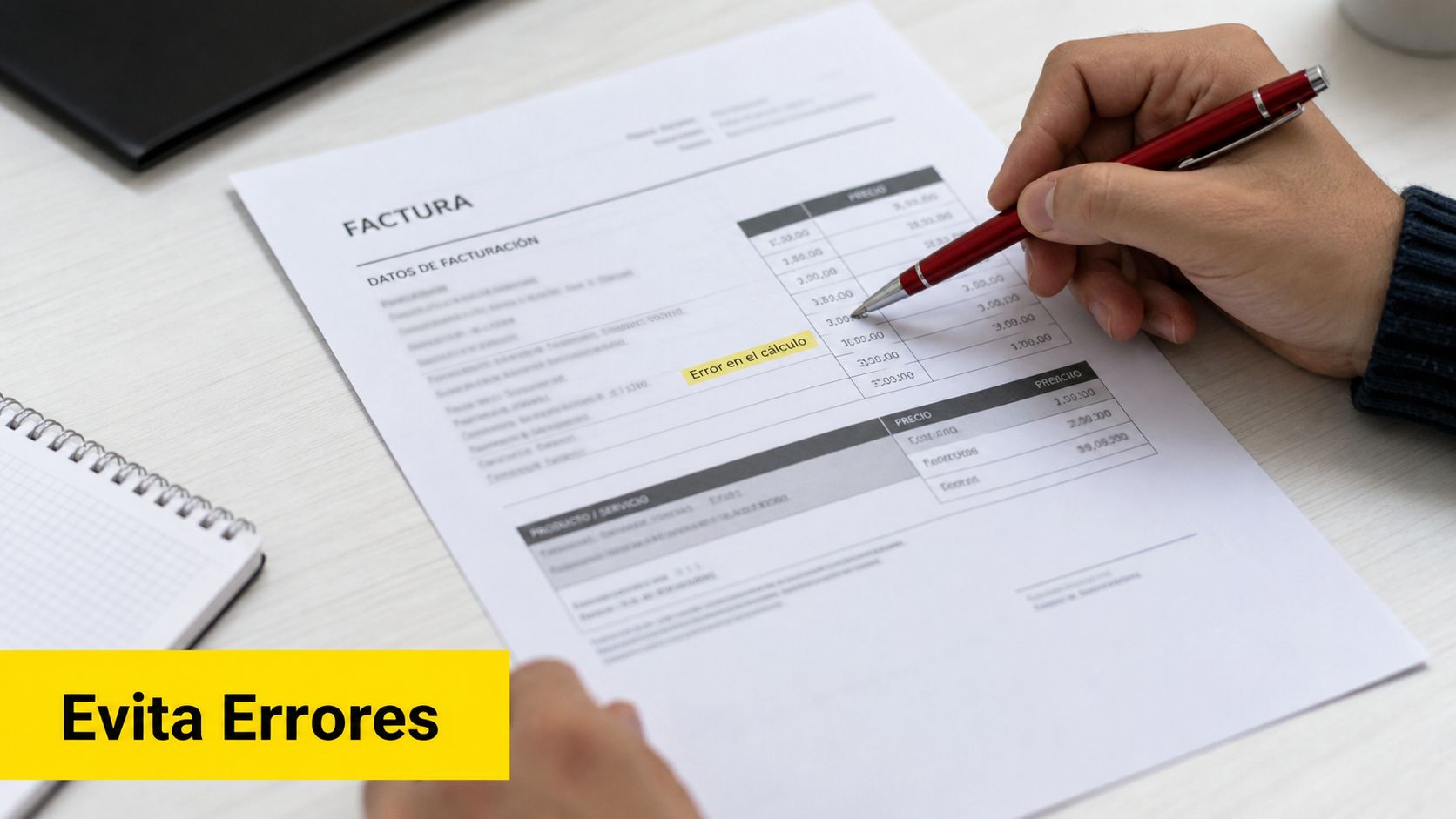 Persona revisando una factura con un bolígrafo rojo y resaltando un error de cálculo matemático.