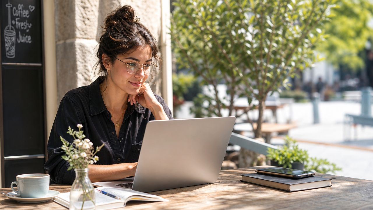 Una mujer joven con gafas trabaja en su portátil en una terraza de cafetería con un café.