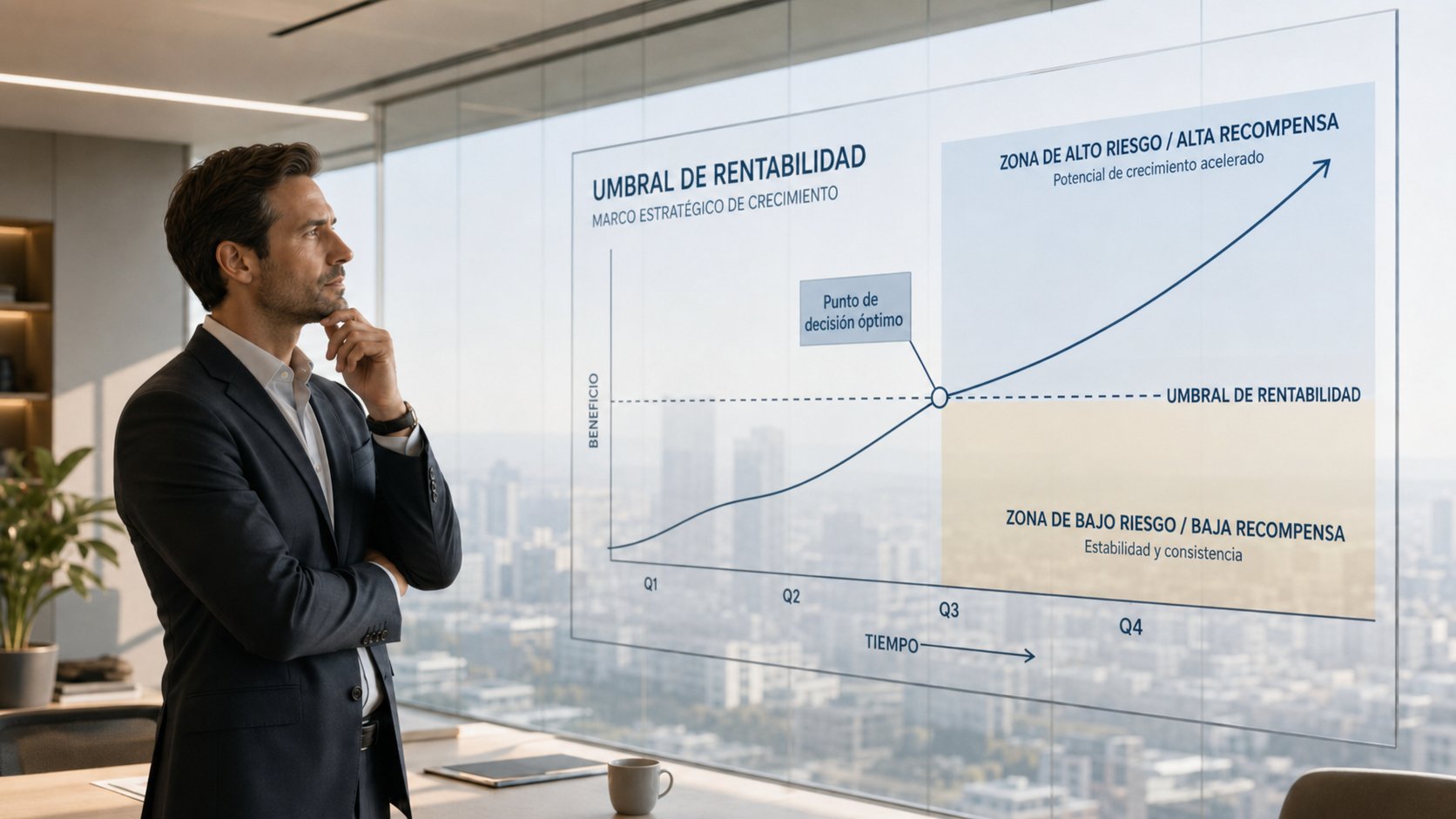 Un ejecutivo de negocios reflexiona frente a un gráfico de proyección financiera sobre el umbral de rentabilidad.