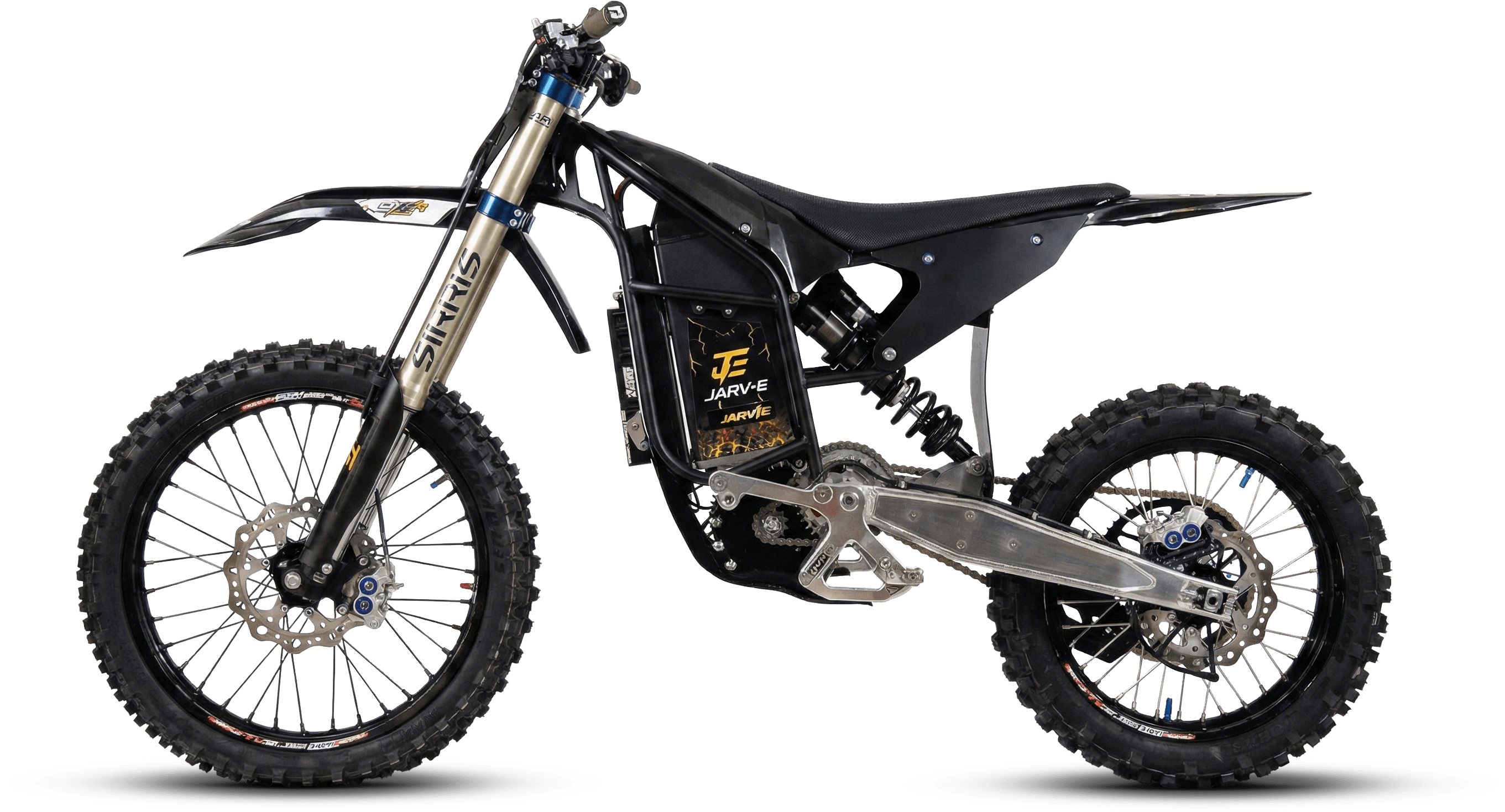 Side view of a black off-road electric dirt bike with knobby tires and visible suspension.