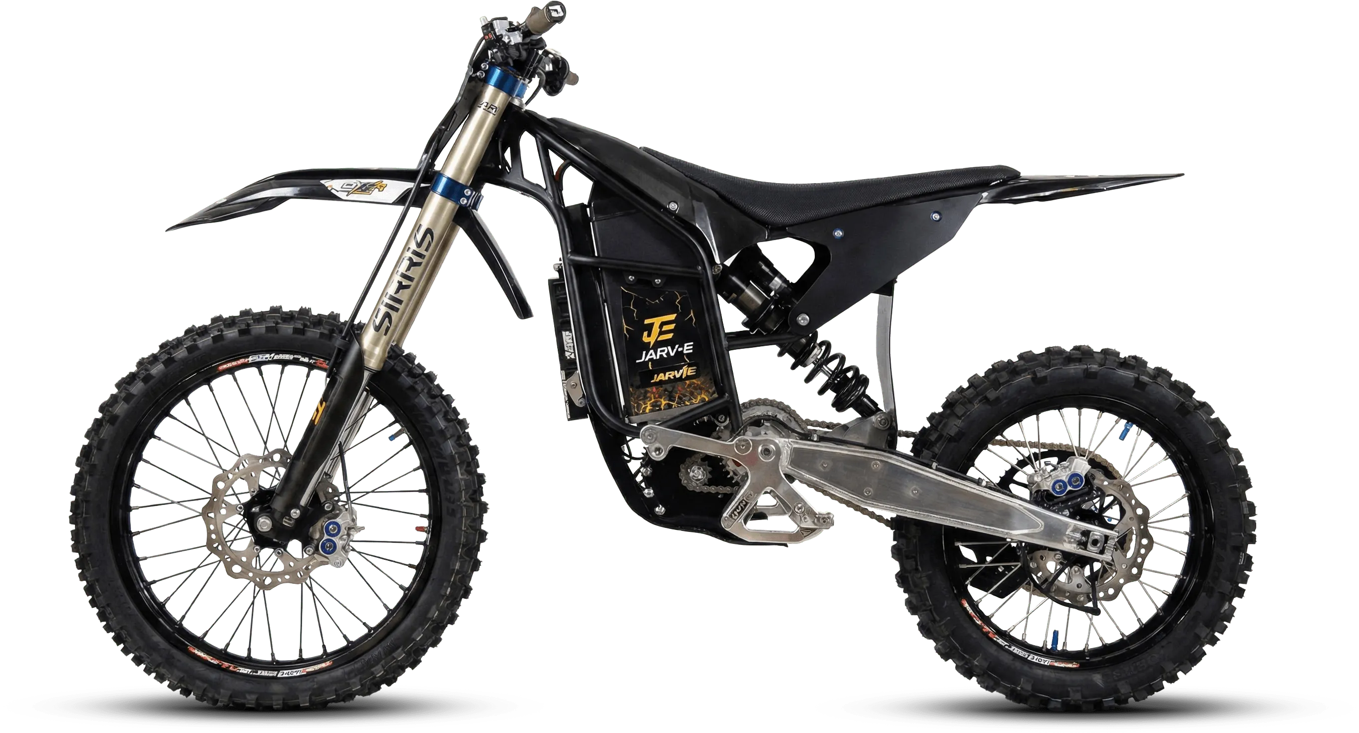 Side view of a black off-road electric dirt bike with knobby tires and visible suspension.