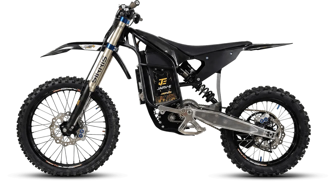 Black electric dirt bike with thick knobby tires and suspension forks, labeled JARV-E.