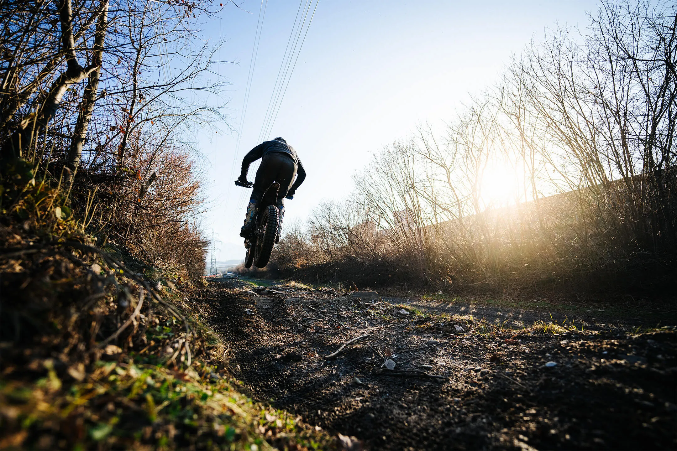 Mountain biker airborne on a dirt trail surrounded by leafless trees with the sun shining through.