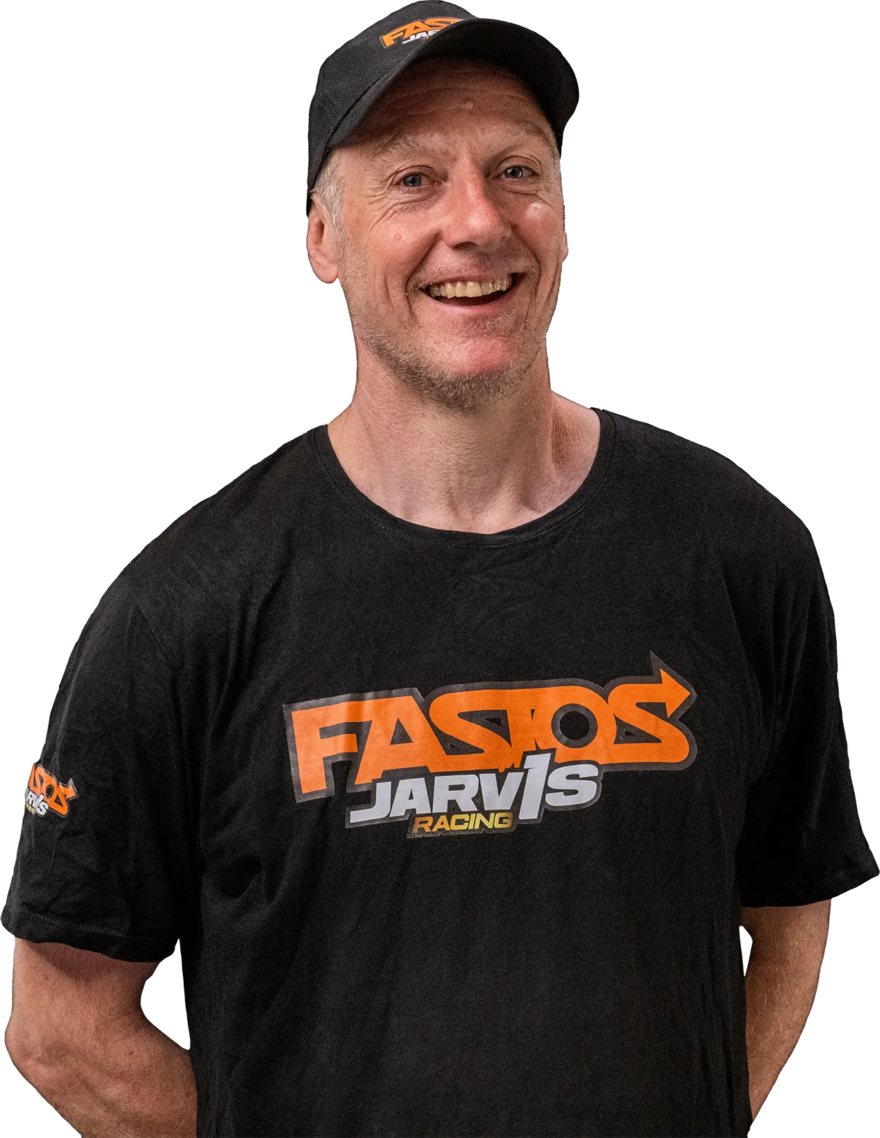 Smiling man wearing a black FASTOS Jarvis Racing t-shirt and matching cap.