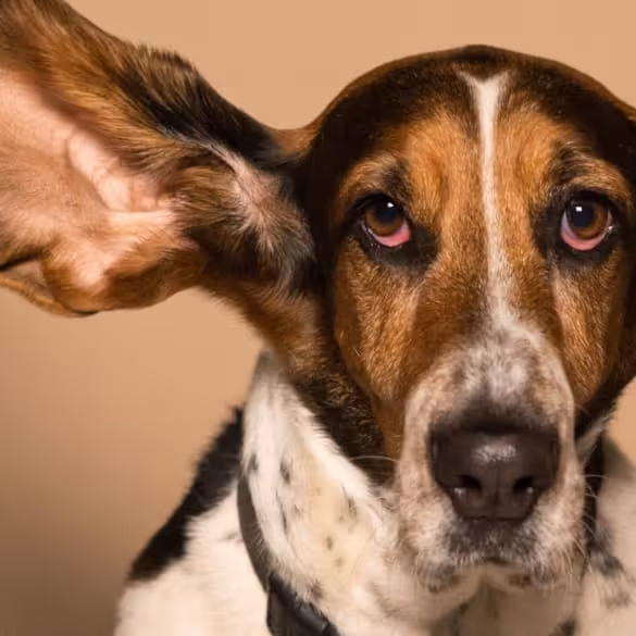 Nahaufnahme eines Hundes mit einer auffällig großen, ausgestreckten linken Ohrmuschel vor beigem Hintergrund.