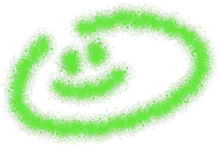 Dessin vert fluorescent d'un visage souriant stylisé avec deux yeux et une large bouche entourée d'un cercle irrégulier.