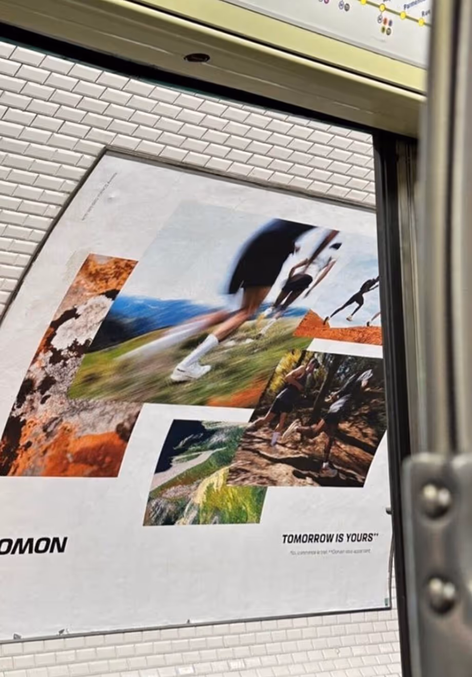 Affiche publicitaire avec plusieurs photos de course en plein air et texte "Tomorrow is yours" dans une station de métro.