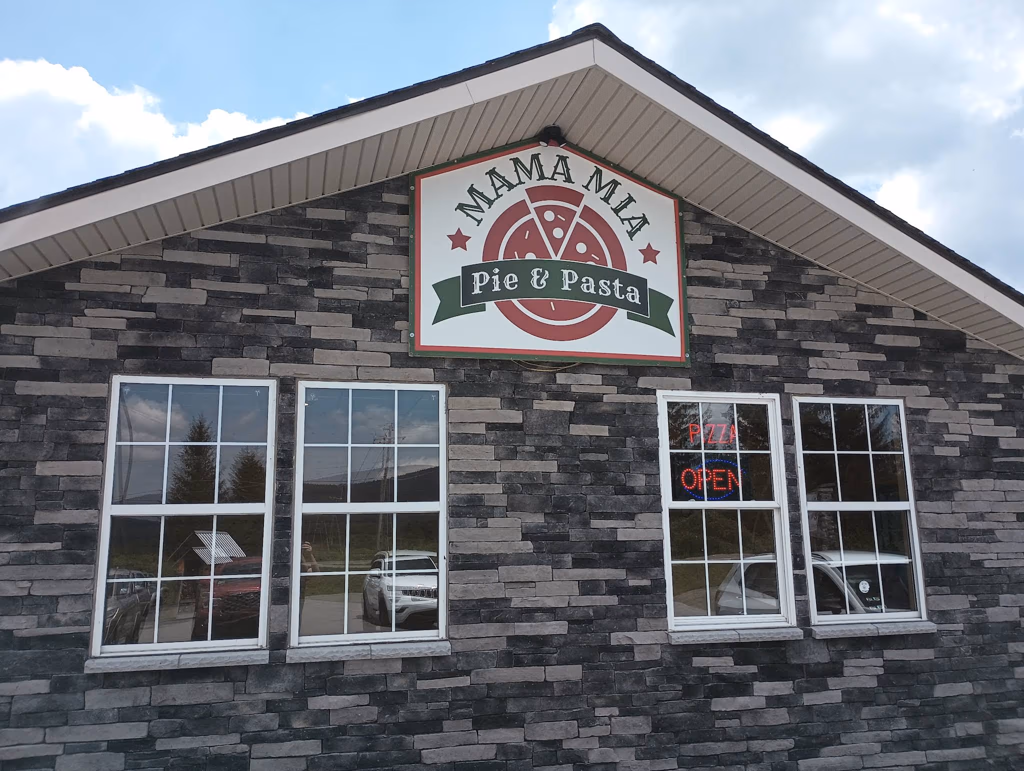A brick building with a sign that says Mama Mia Pie & Pasta.