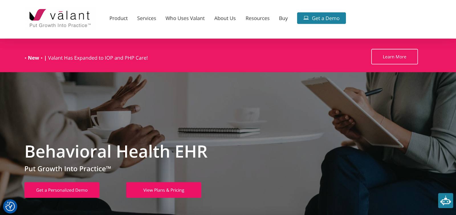 Screenshot of the Valant homepage showing the platform's main navigation and hero section