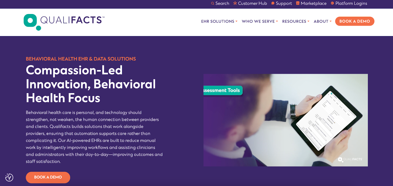 Screenshot of the Qualifacts homepage showing the platform's main navigation and hero section