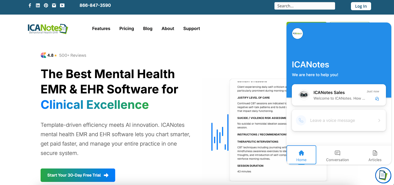 Screenshot of the ICANotes homepage showing the platform's main navigation and hero section