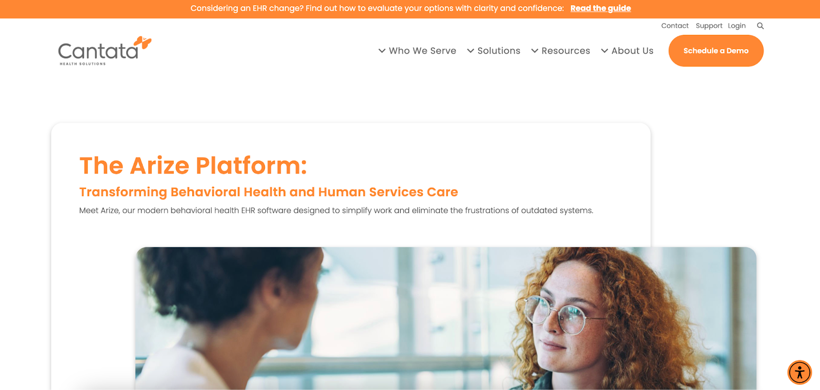 Screenshot of the Cantata Health (Arize) homepage showing the platform's main navigation and hero section