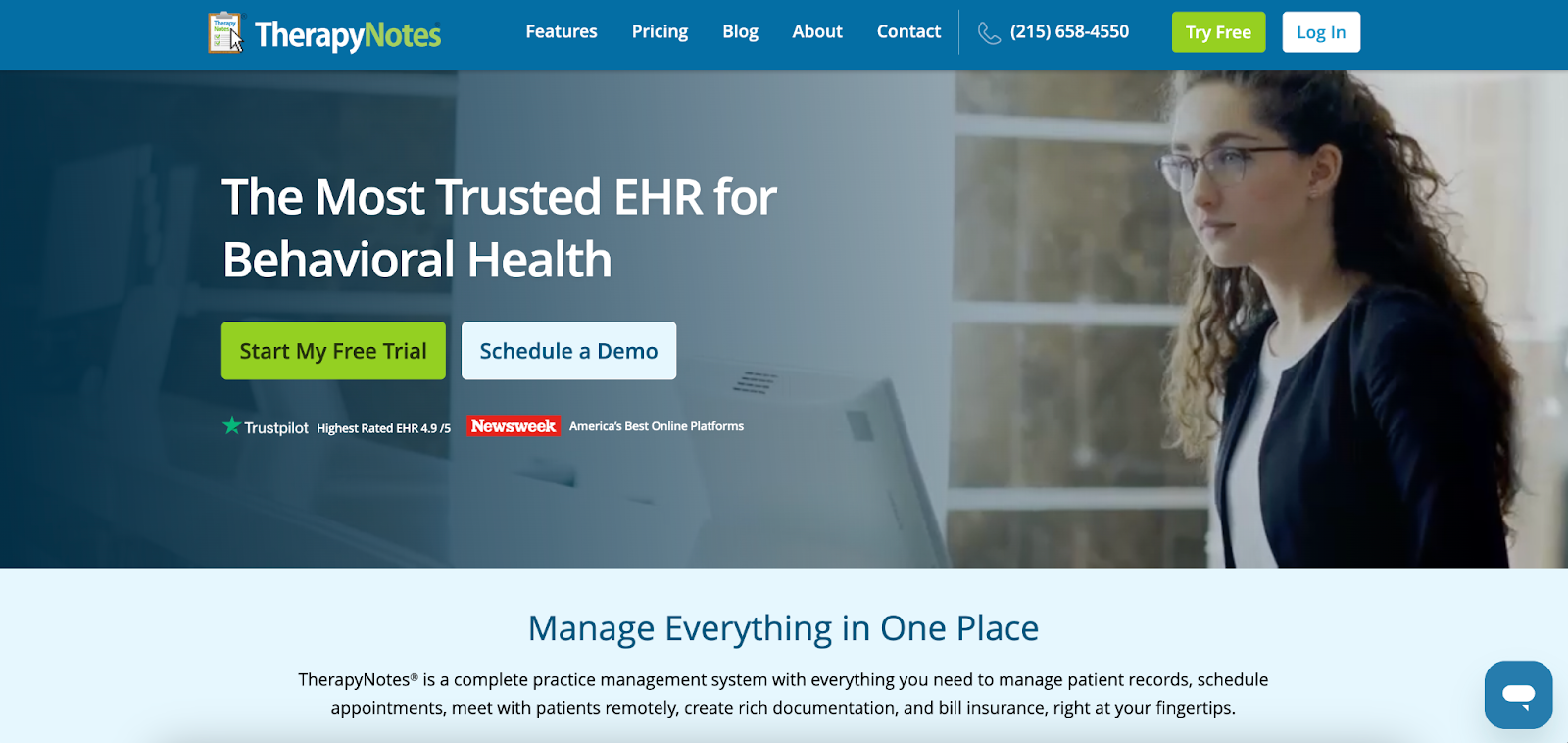 Screenshot of the TherapyNotes homepage showing the platform's main navigation and hero section