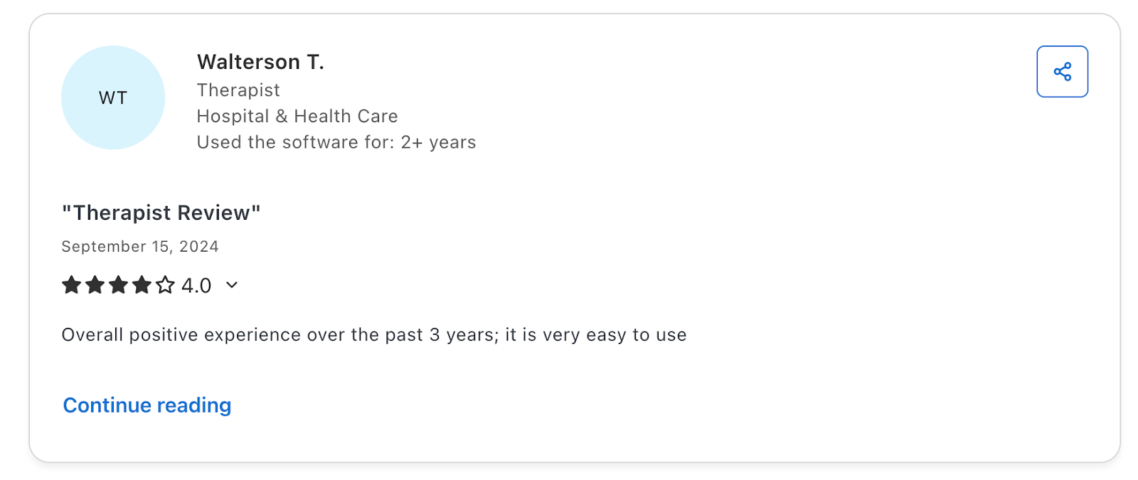 Screenshot of a user review of TherapyNotes on Capterra