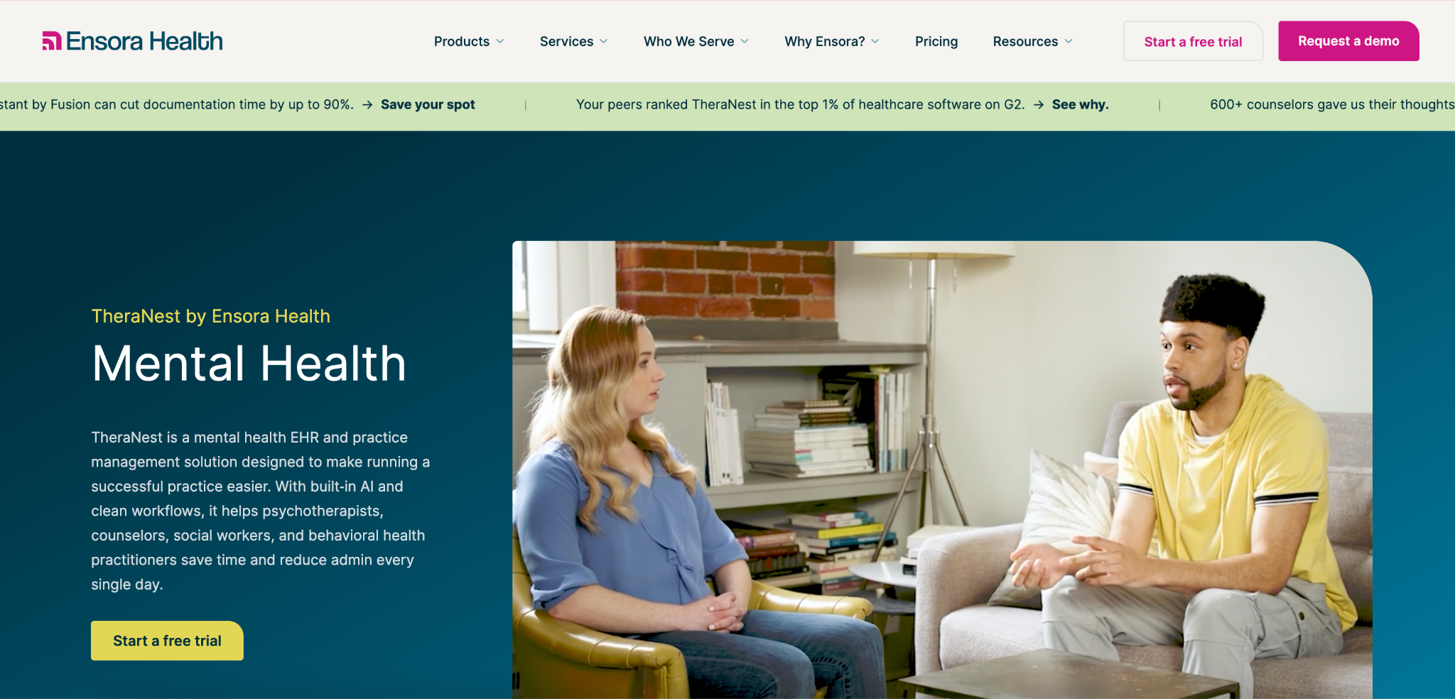 Screenshot of the Ensora Health homepage showing the platform's main navigation and hero section.