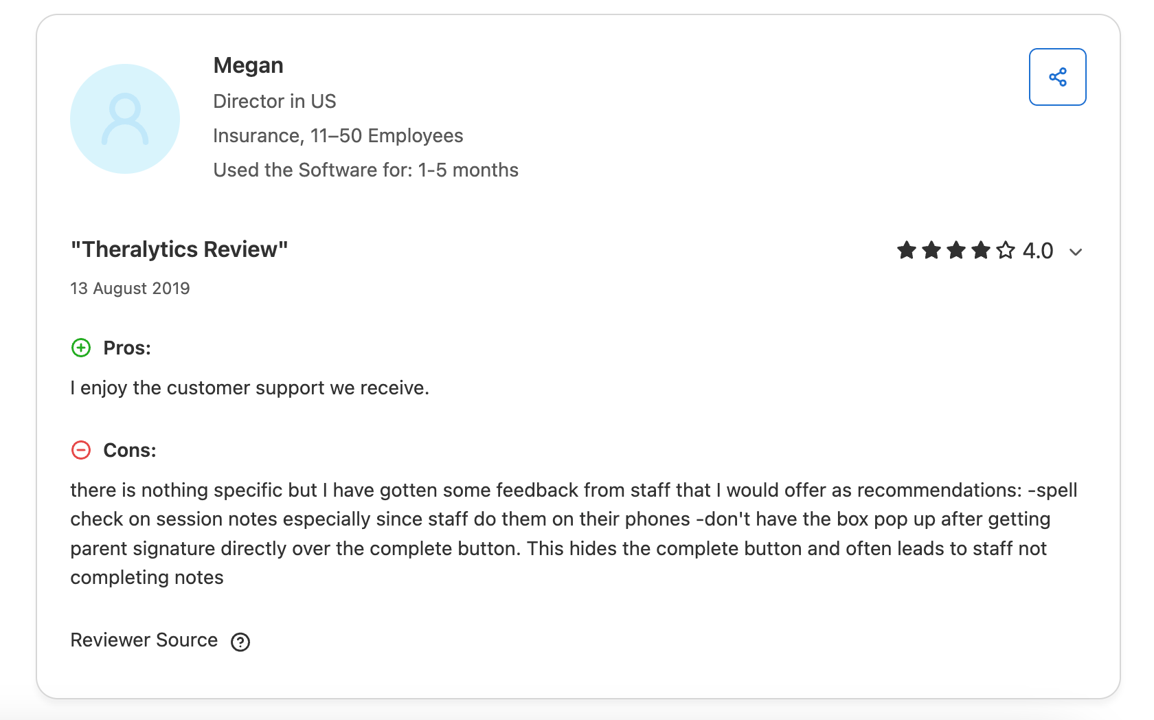 Screenshot of a user review of Theralytics on Capterra.