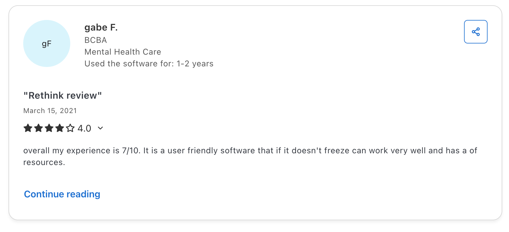 Screenshot of a user review of RethinkBH on Capterra