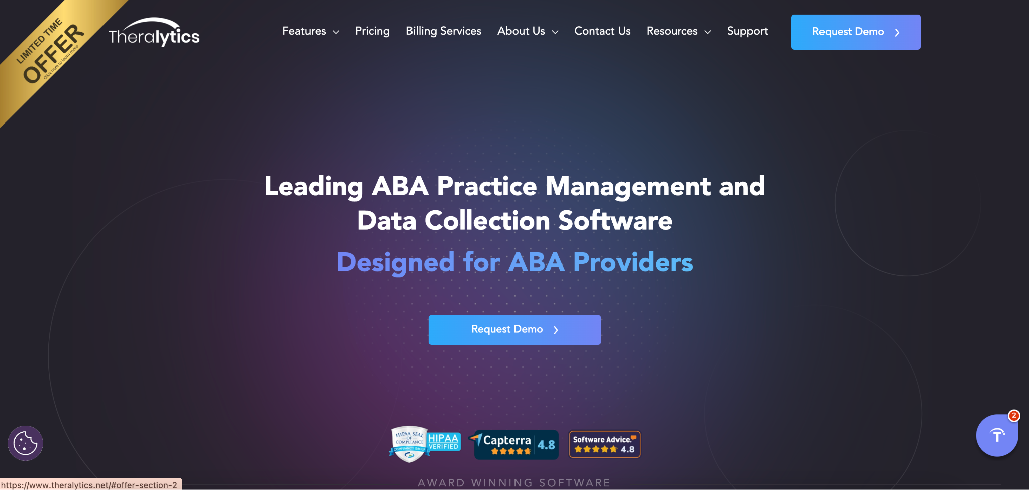 Screenshot of the Theralytics homepage showing the platform's main navigation and hero section.