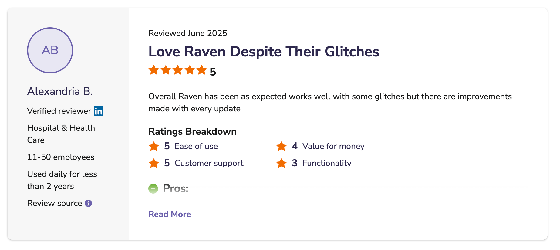 Screenshot of a user review of Raven Health on Capterra.