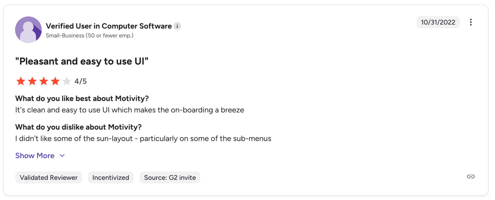 Screenshot of a user review of Motivity on G2.