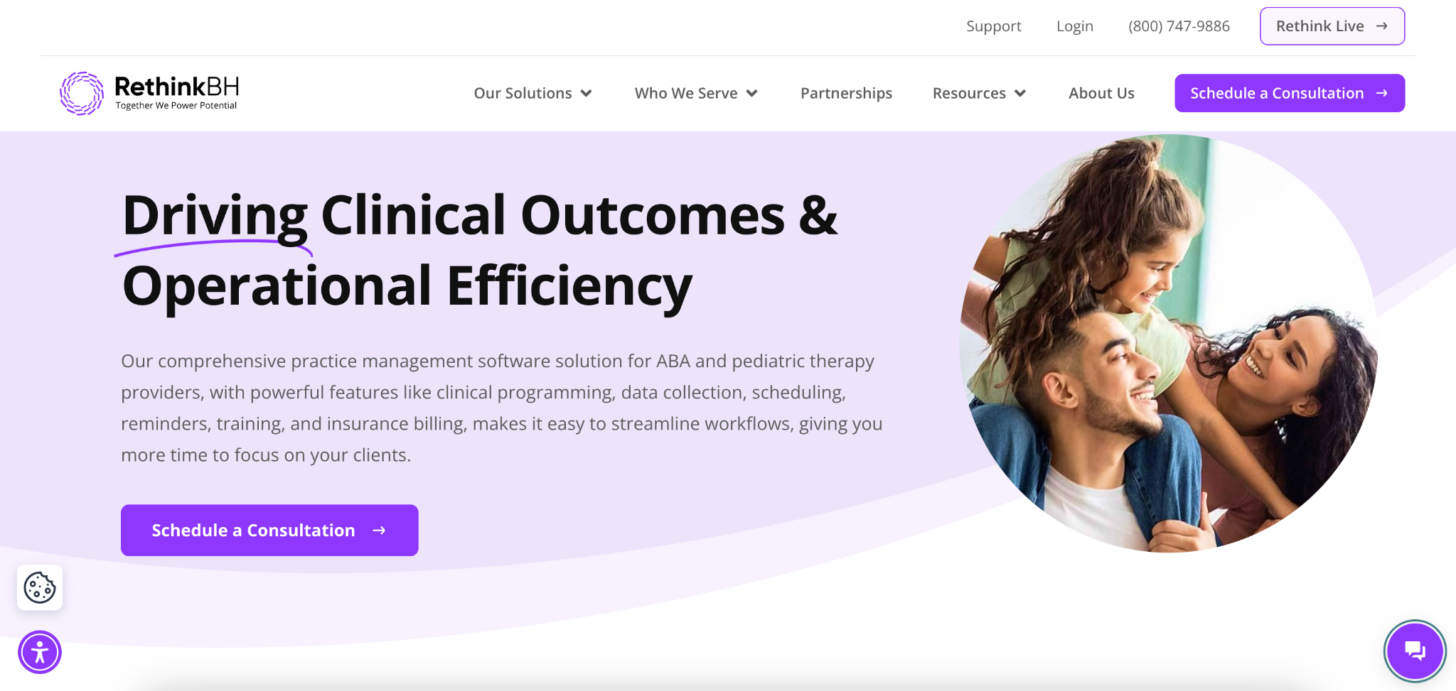 Screenshot of the RethinkBH homepage showing the platform's main navigation and hero section