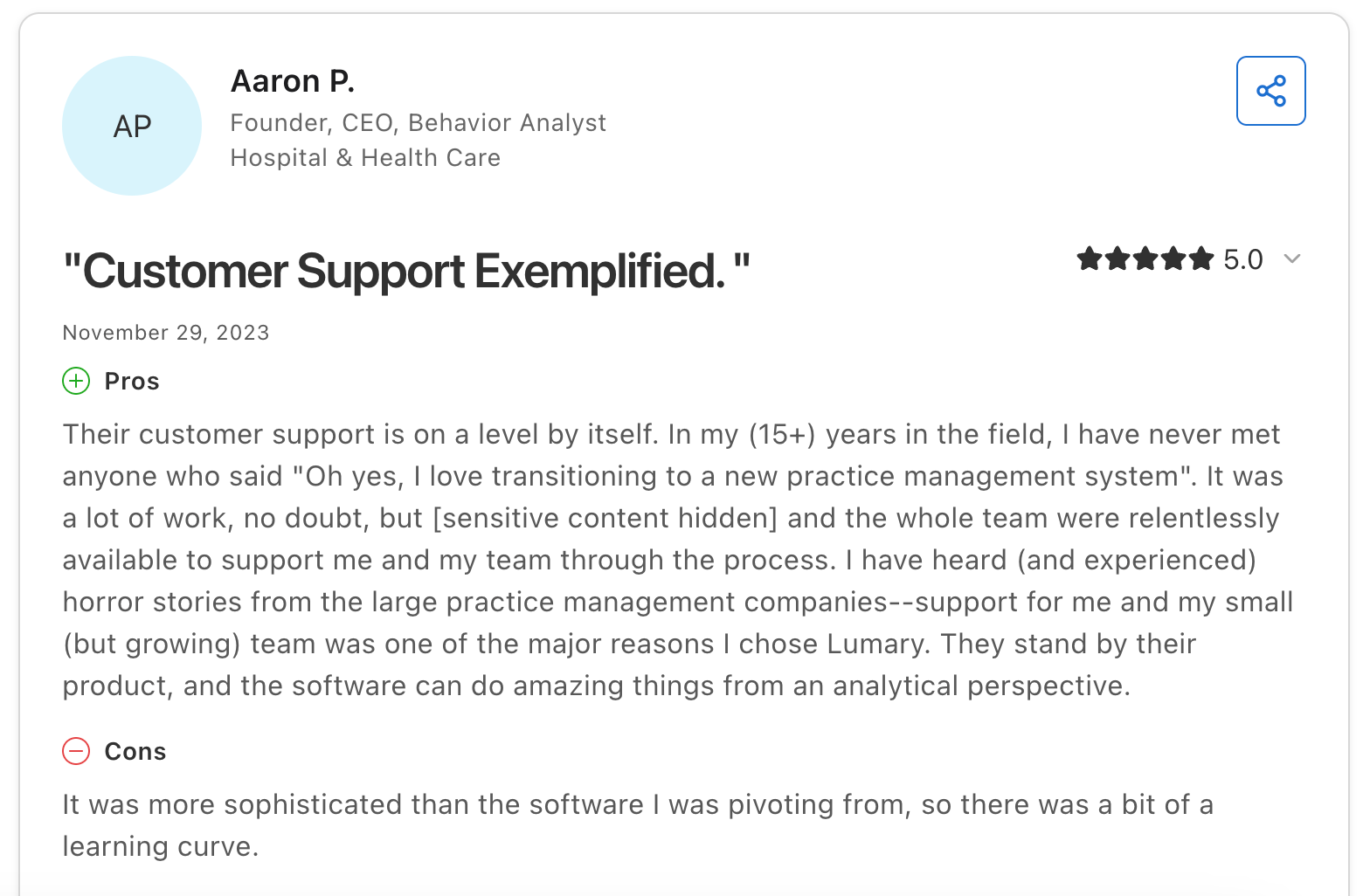 Screenshot of a user review of Lumary on Capterra.