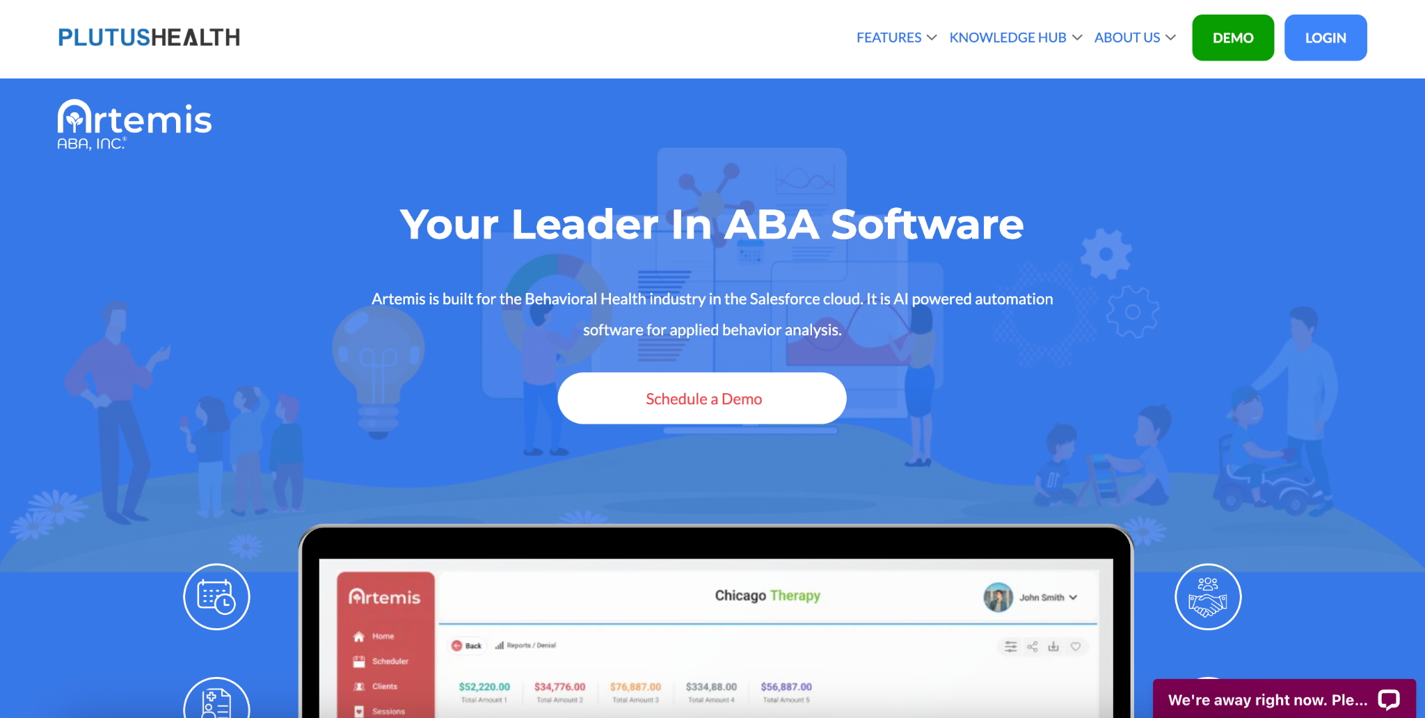 Screenshot of the Artemis ABA homepage showing the platform's main navigation and hero section.