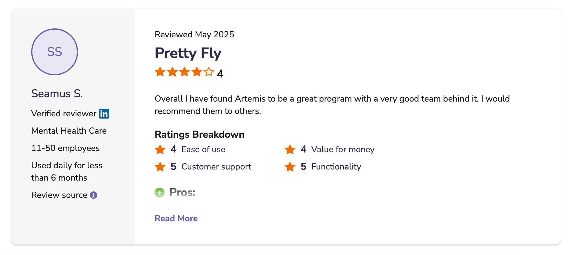 Screenshot of a user review of Artemis ABA on Capterra.