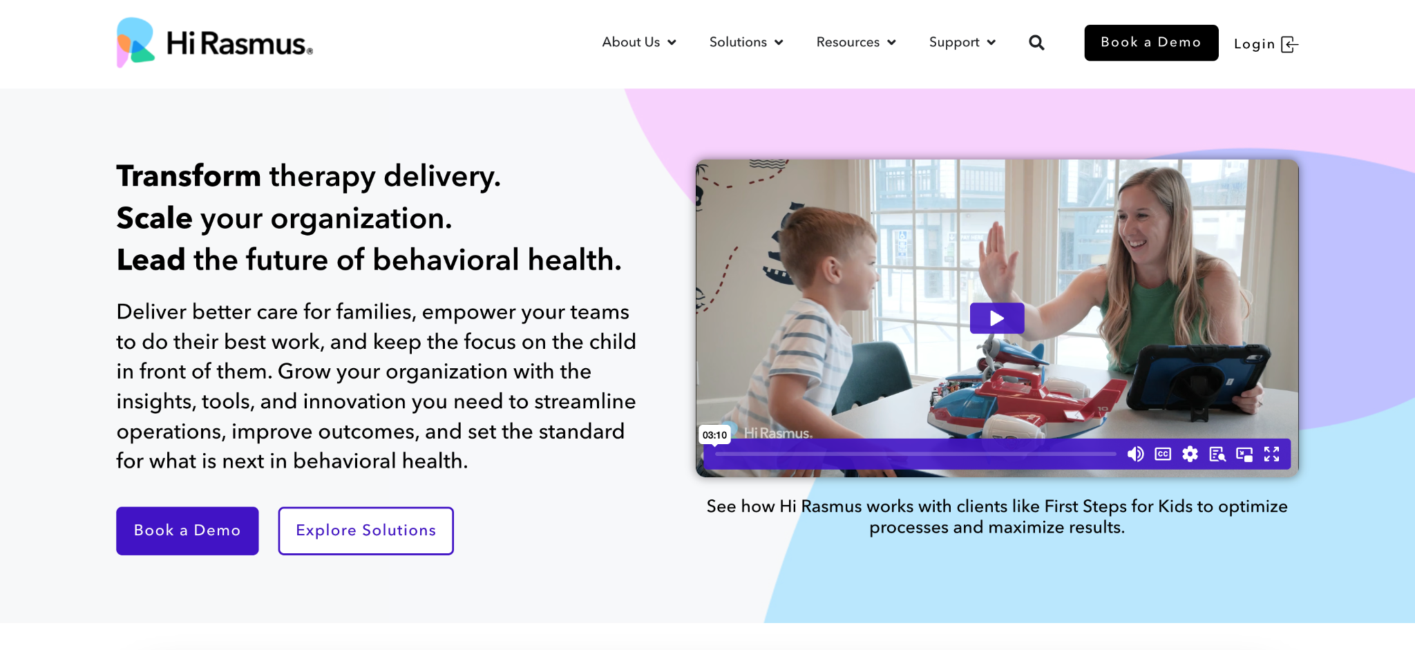 Screenshot of the Hi Rasmus homepage showing the platform's main navigation and hero section.