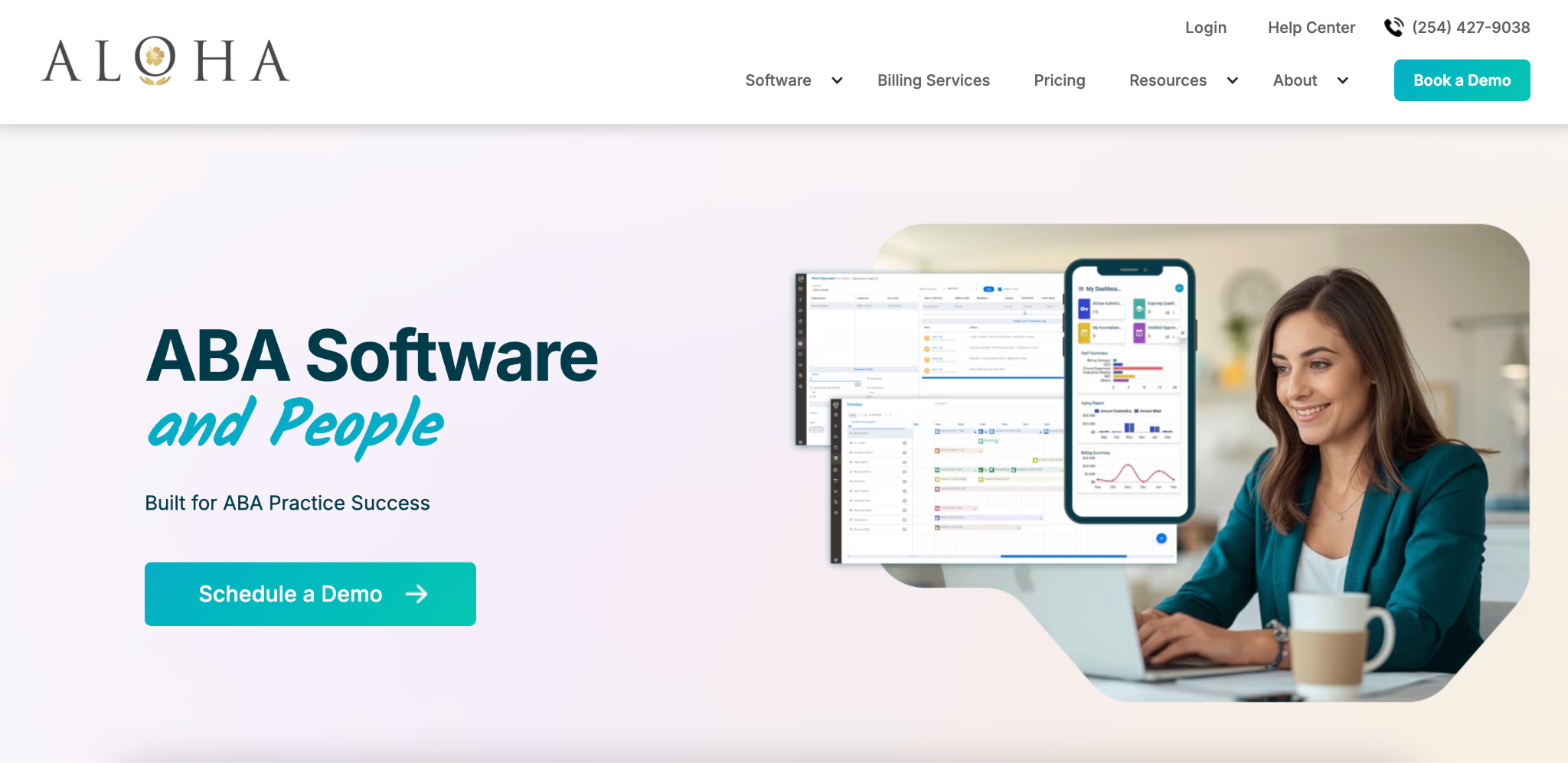 Screenshot of the AlohaABA homepage showing the platform's main navigation and hero section.