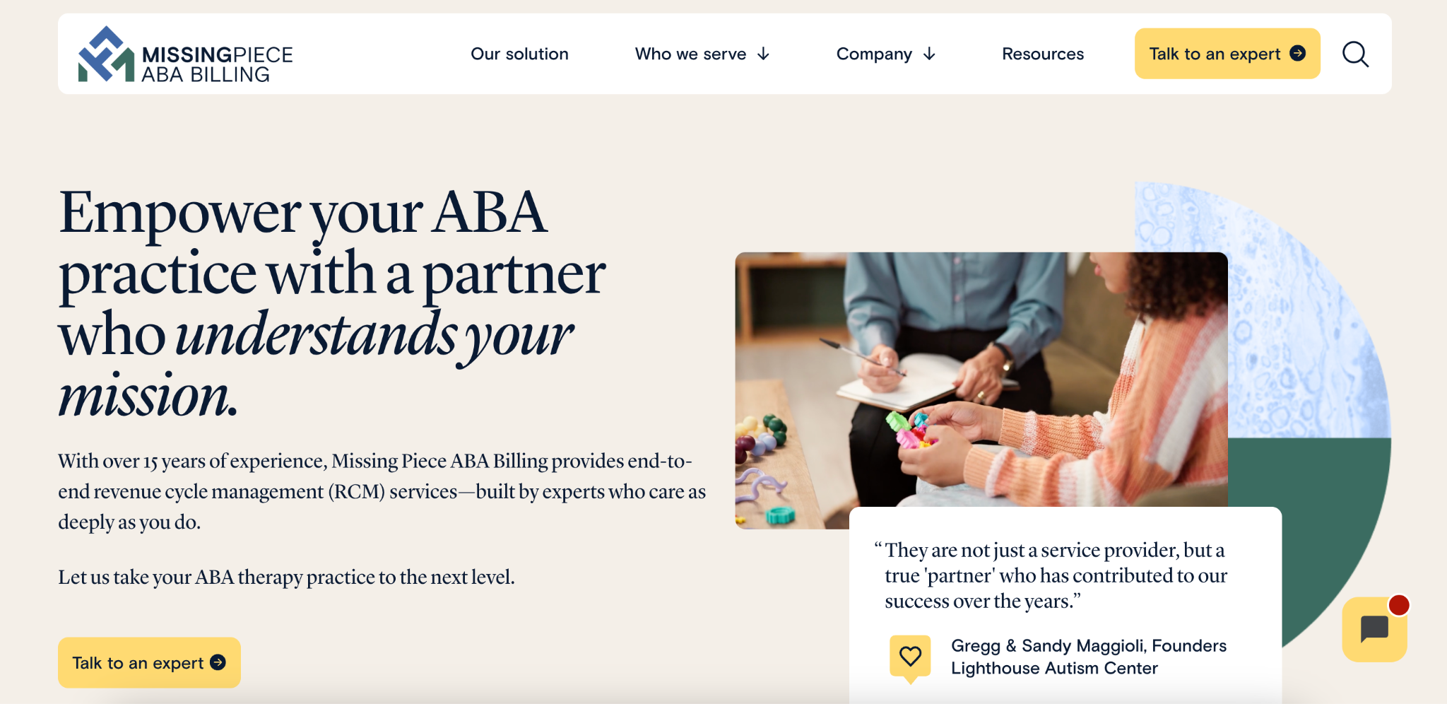 Screenshot of the Missing Piece homepage showing the platform's main navigation and hero section.
