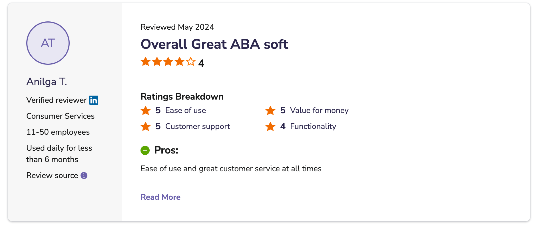 Screenshot of a user review of AlohaABA on Capterra.