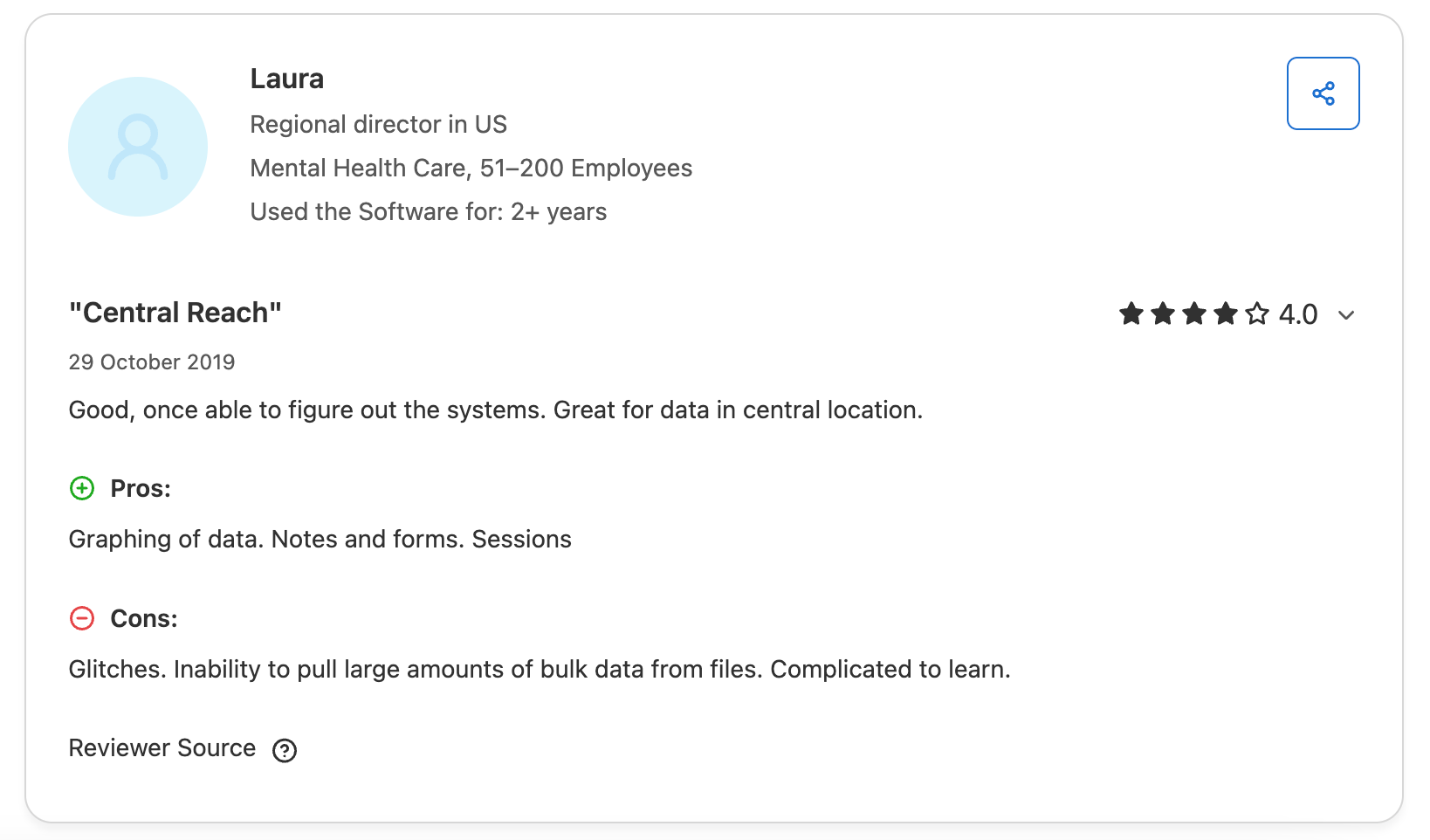 Screenshot of a user review of CentralReach on Capterra.
