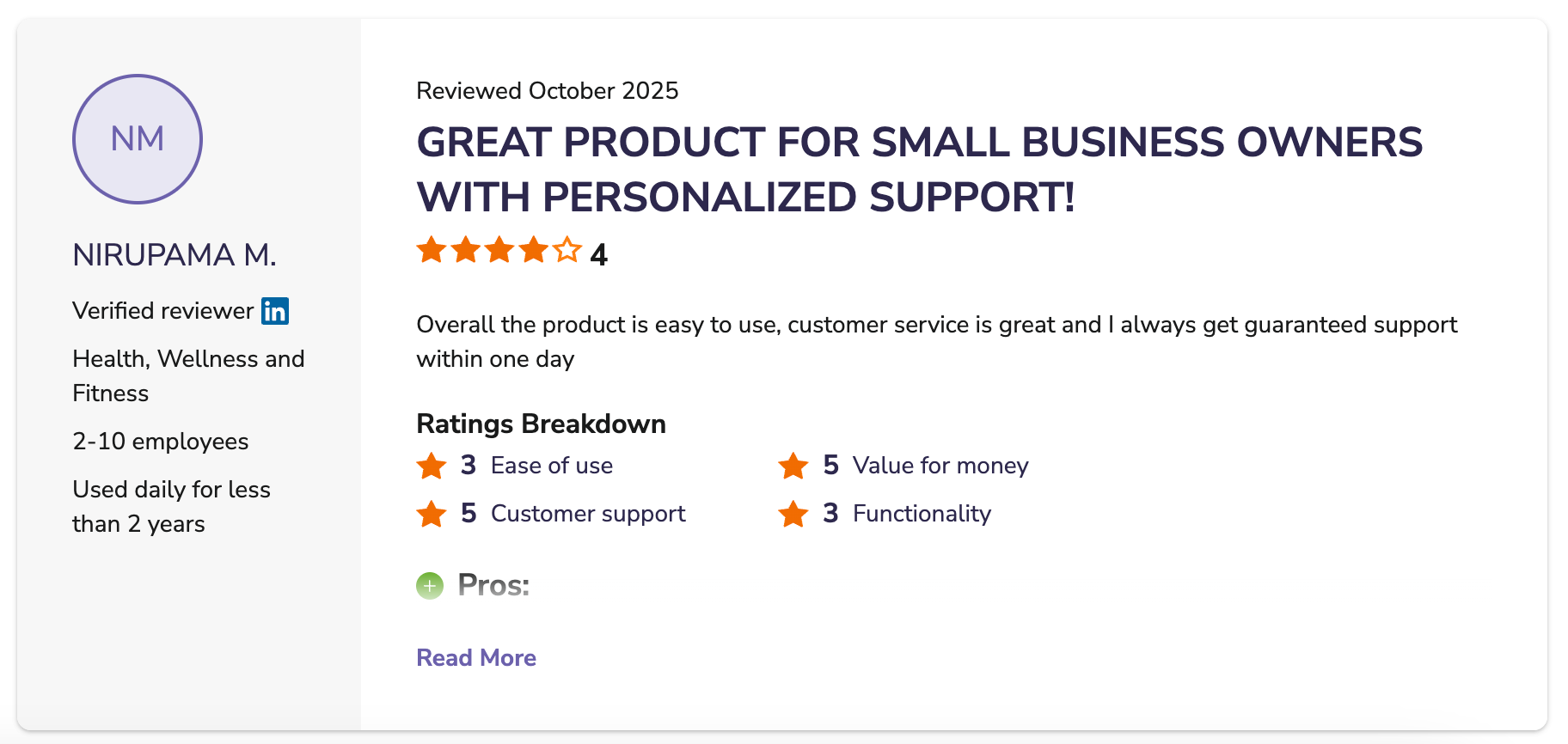 Screenshot of a user review of ABA Matrix on Capterra.
