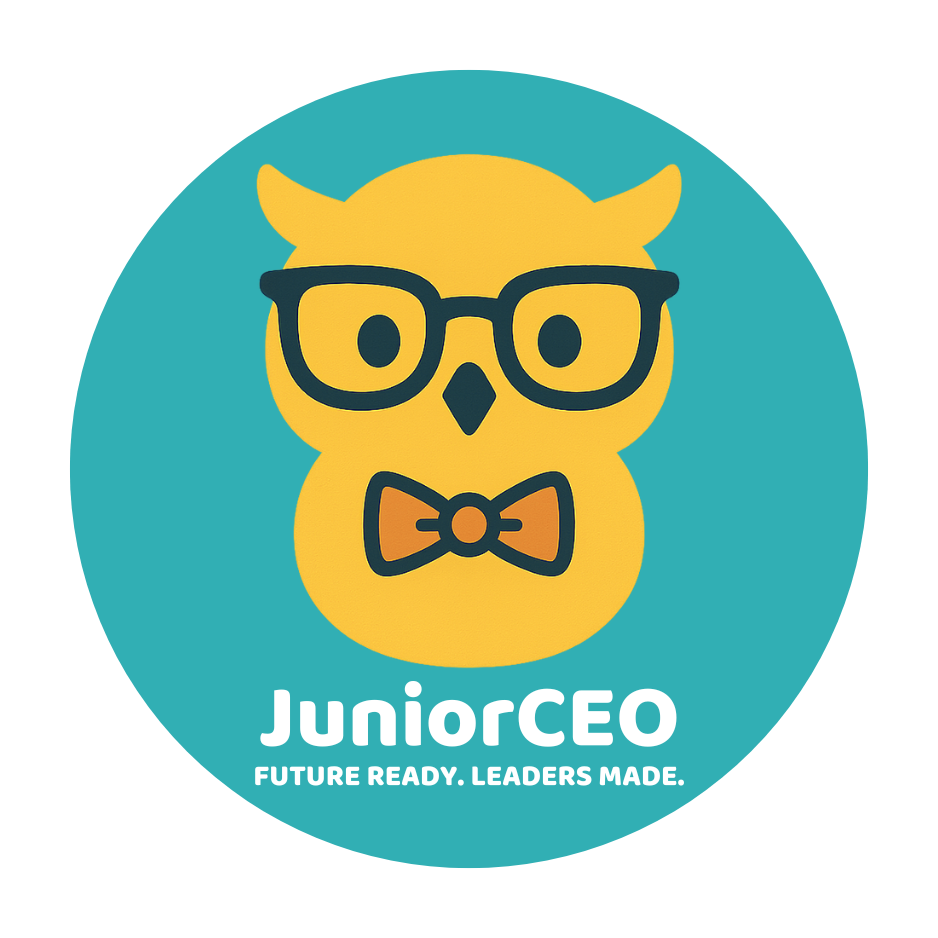 Yellow owl wearing black glasses and an orange bow tie inside a teal circle with the text JuniorCEO and the slogan Future Ready. Leaders Made.