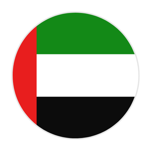 Circular icon of the United Arab Emirates flag with horizontal green, white, and black stripes and a vertical red stripe on the left.